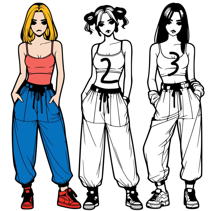 realistic girls with baggy pants and crop top
