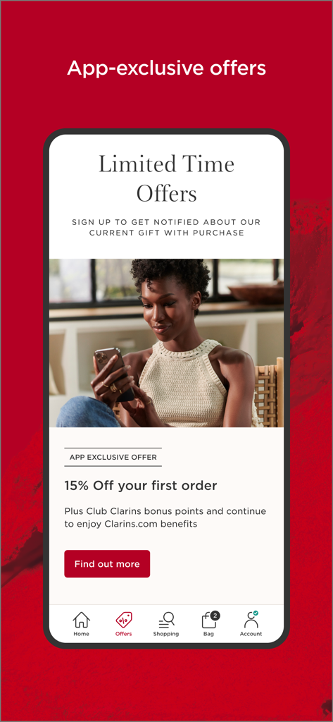 Clarins - Skincare and Makeup - Écran de l'application Clarins présentant une offre exclusive de 15 % de réduction pour les premières commandes.