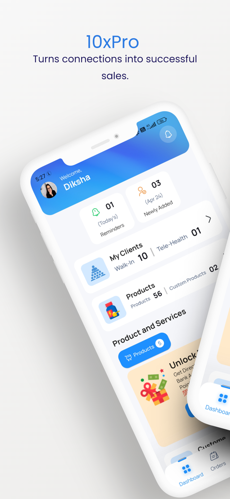 10xPro: Sell Smart, Grow Fast - 10xPro app dashboard for direct sellers showing client activity and product management.