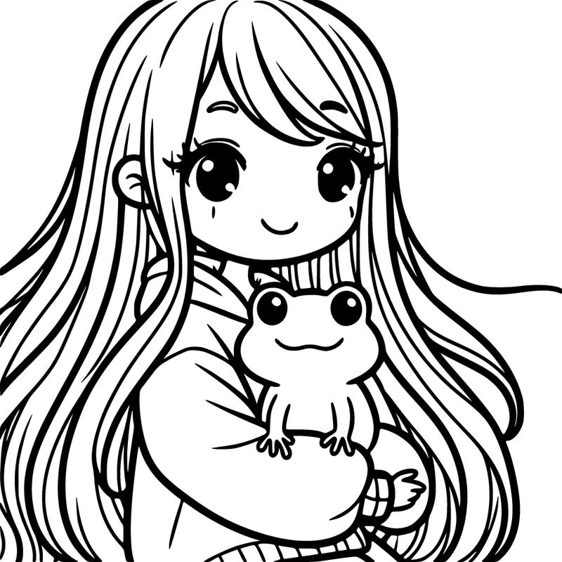 a girl with long hair and a oversized shirt. and she is holding a frog smiling