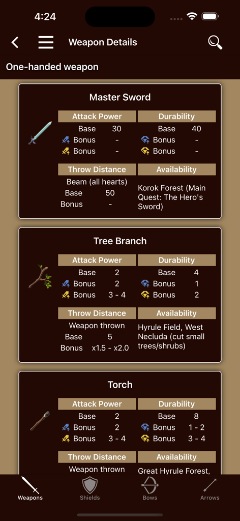 Breath Companion app weapon details screen showing stats for Master Sword and Tree Branch