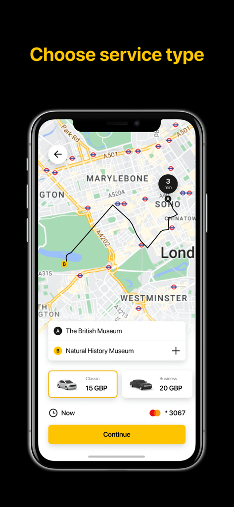 FTAXI - FTAXI Mobile App-Oberfläche zeigt einen Bildschirm zur Auswahl der Fahrt mit Karte und Fahrzeugoptionen wie Classic und Business.