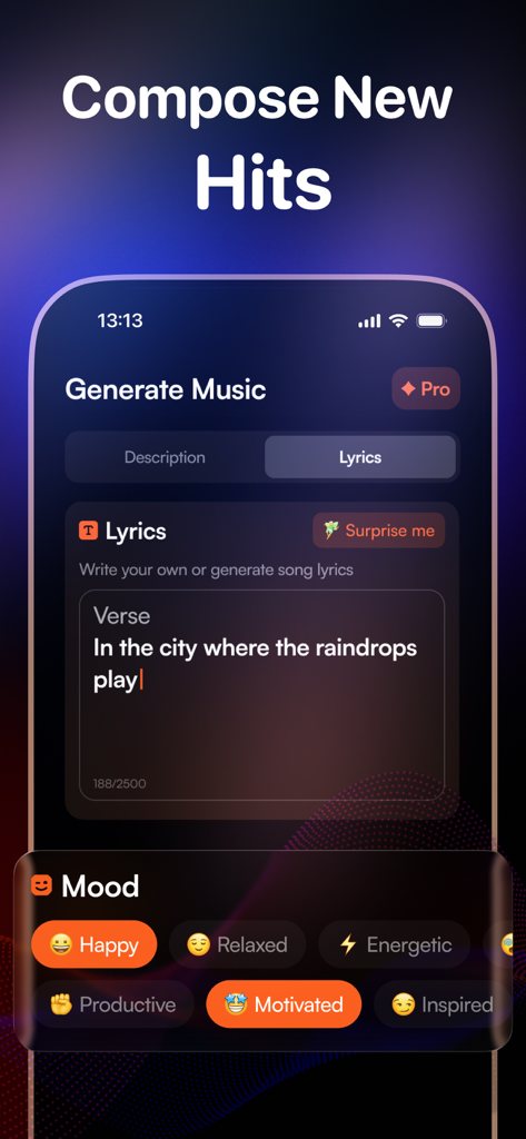 TuneCraft. AI Song Generator - TuneCraft app interface for generating music by writing lyrics and selecting a mood like happy or motivated