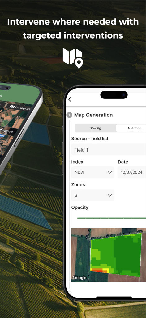 Interfaccia dell'app xFarm su smartphone che mostra la generazione di mappe e l'indice NDVI per l'agricoltura di precisione.
