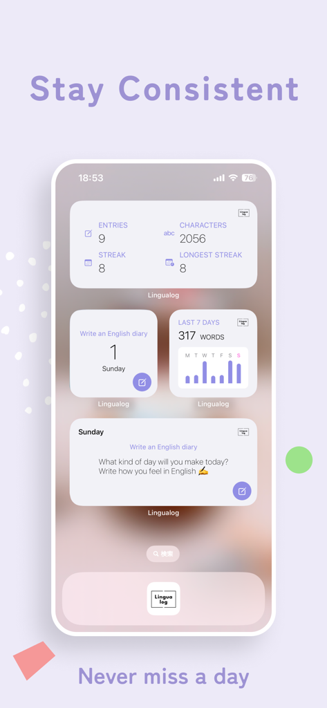 Lingualog - AI English Diary - Lingualog app widgets on an iPhone home screen showing writing streaks and daily entry progress