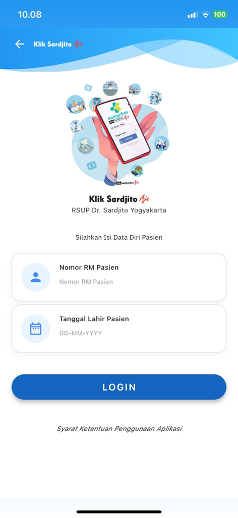 Klik Sardjito Aja - Login screen for the Klik Sardjito Aja patient portal app