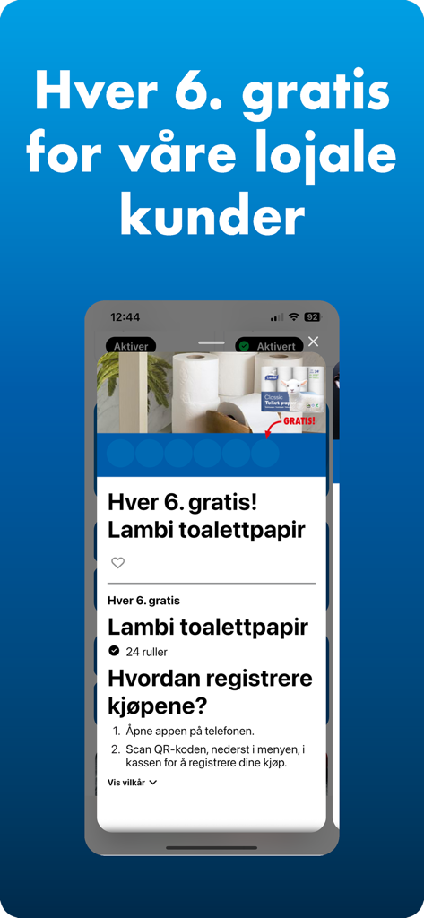 Nordby Supermarket - A mobile app screen showing a loyalty offer for every sixth pack of toilet paper free at Nordby Supermarket.