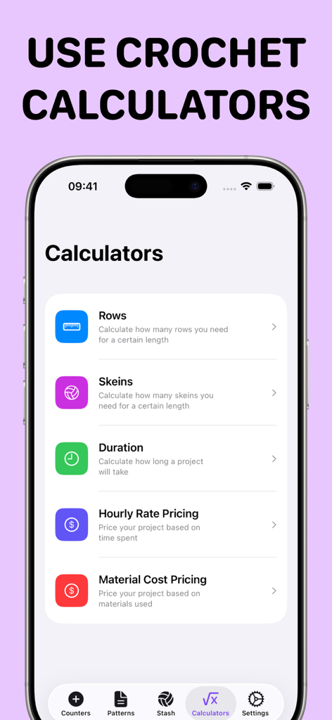 Crochet Row Counter: Ares - Una lista de calculadoras de crochet para filas, ovillos, duración y precios.