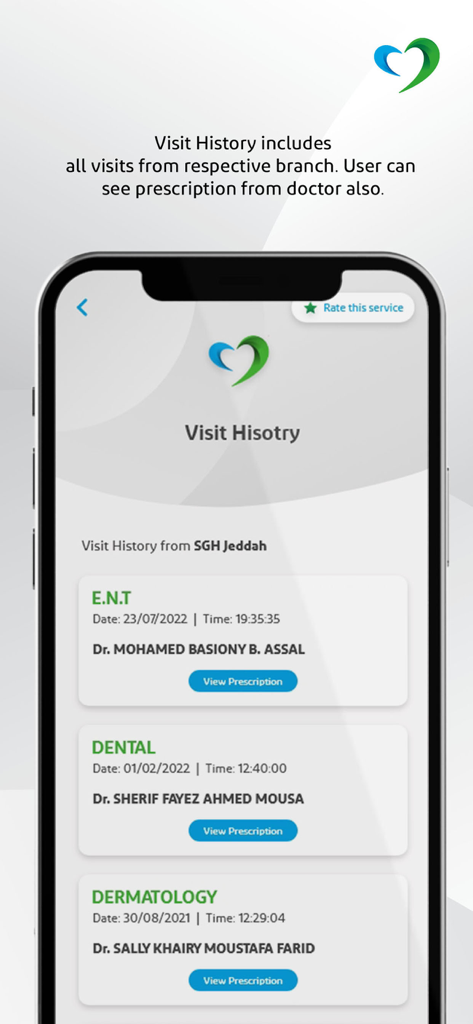 Saudi German Health app visit history screen showing medical reports and doctor prescriptions