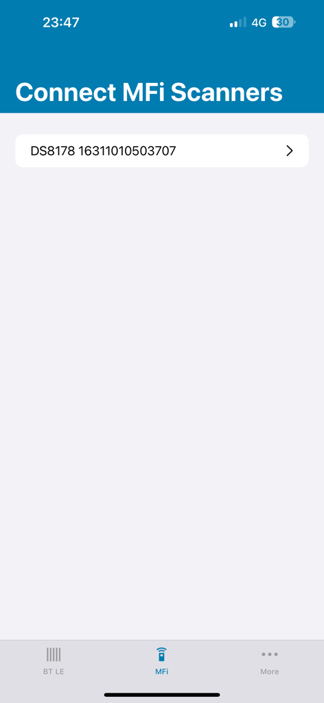 Aplicativo Zebra Scanner Control exibindo a tela Conectar Scanners MFi com um dispositivo DS8178 conectado.