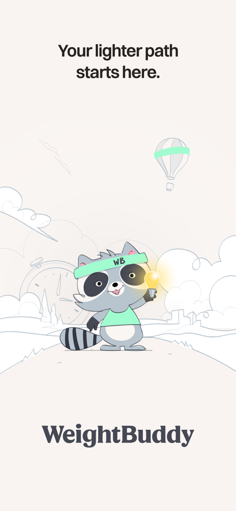 WeightBuddy: Calorie Tracker - Écran d'accueil de WeightBuddy avec une adorable mascotte de raton laveur tenant une ampoule et le texte Votre chemin plus léger commence ici.