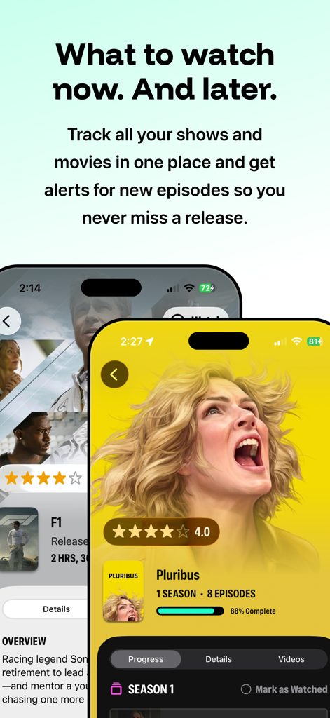 Showline: TV & Movie Tracker - Showline app interface for tracking TV shows and movies with progress bars and release alerts
