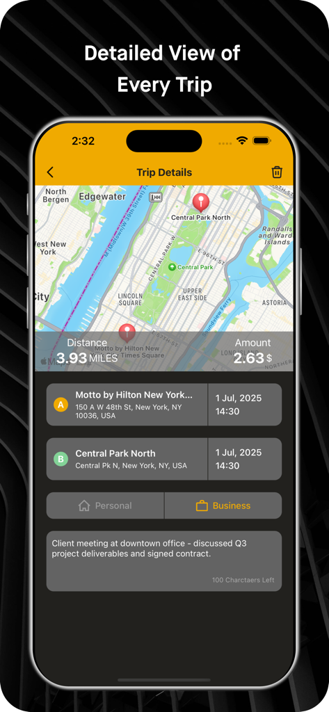 Visão detalhada de uma viagem de negócios no aplicativo rastreador de quilometragem mostrando mapa de rota, distância e custo