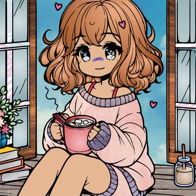 cute anime girl reading book and drinking hot chocolate from mug with loose wavy hair wearing a baggy sweatshirt and shorts sitting by windowsill looking out