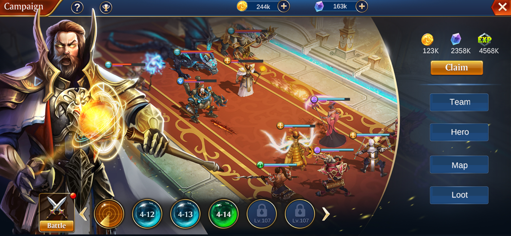 Campaign battle gameplay in Trials of Heroes Idle RPG showing heroes in combat and reward collection menu