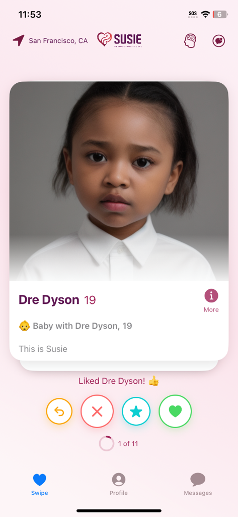 Susie Dating App - A profile on the Susie dating app featuring an AI generated visualization of a future child with a match.