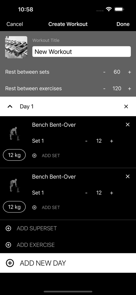 Screen for creating a custom workout plan with adjustable rest timers and exercises.