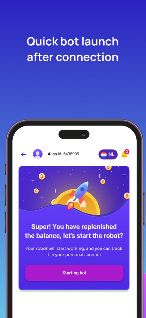Apex: AI Trading Bot & Broker - Apex AI Trading Bot app interface showing a quick start screen with a rocket illustration and a starting bot button
