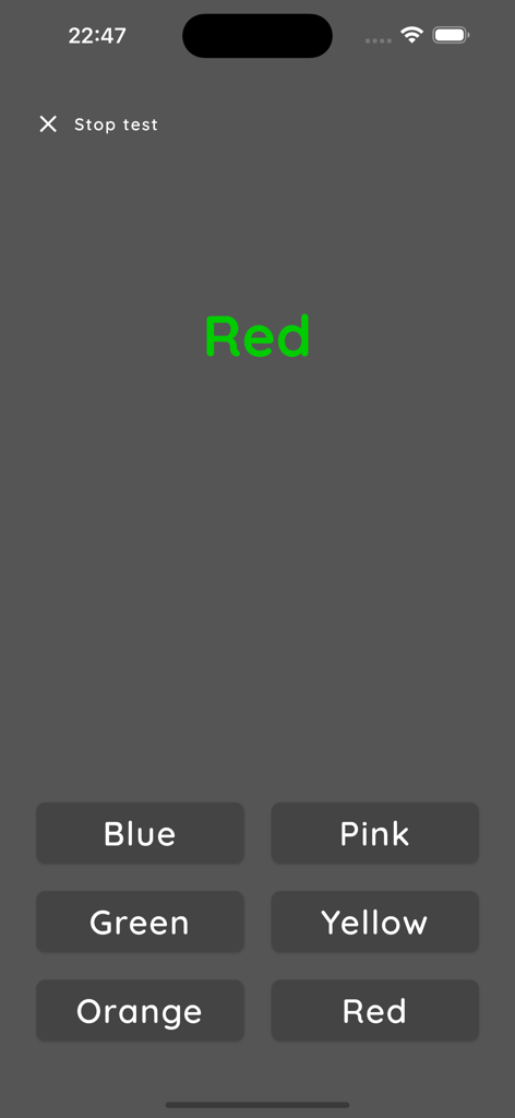 Stroop Buddy - Pantalla de prueba de la app Stroop Buddy mostrando la palabra Rojo en texto verde con botones de selección de color.