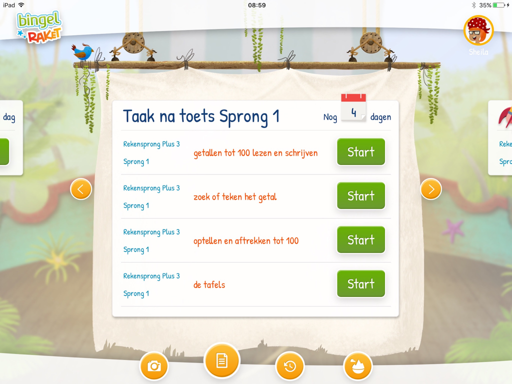 小学校の生徒向けの算数のタスクと練習問題のリストと、開始ボタンが表示された教育アプリのインターフェース