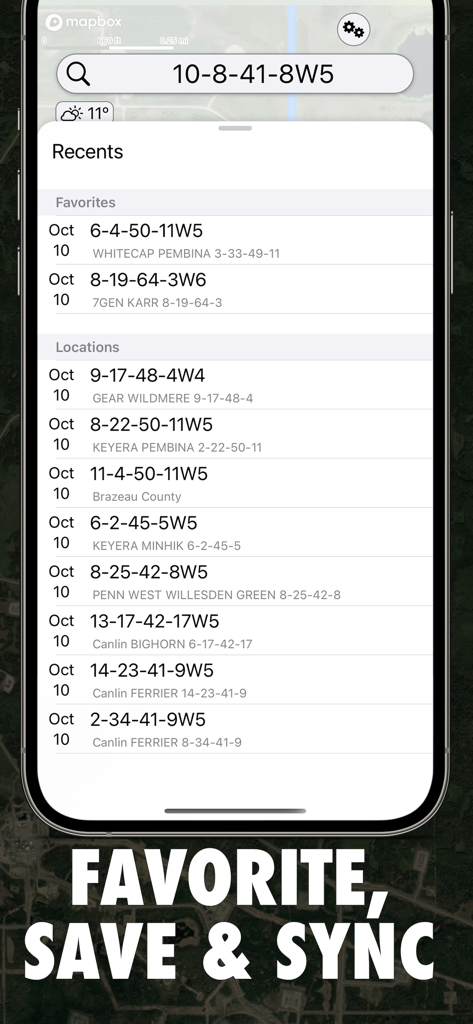 OilTrails app interface showing favorite and recent oilfield locations with legal land descriptions