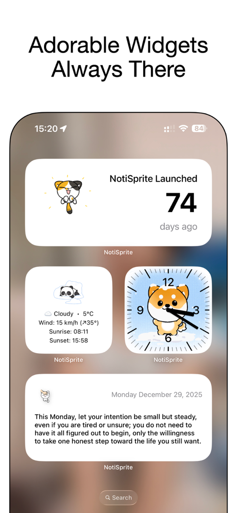 NotiSprite: Smart Desktop Pet - Eine Vielzahl von NotiSprite-Widgets auf einem iPhone-Home-Bildschirm mit niedlichen Tiercharakteren für Wetter, Uhr und tägliche Zitate.