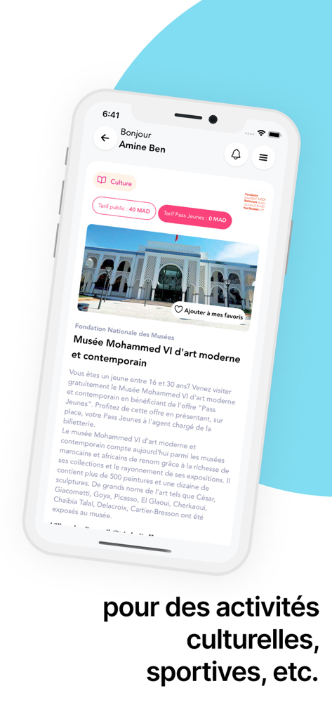 Pass Jeunes - Screenshot of the Pass Jeunes app showing a free entry offer for the Mohammed VI Museum in Morocco
