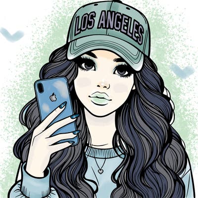 realistic beautiful girl wearing los ángeles cap holding an iphone