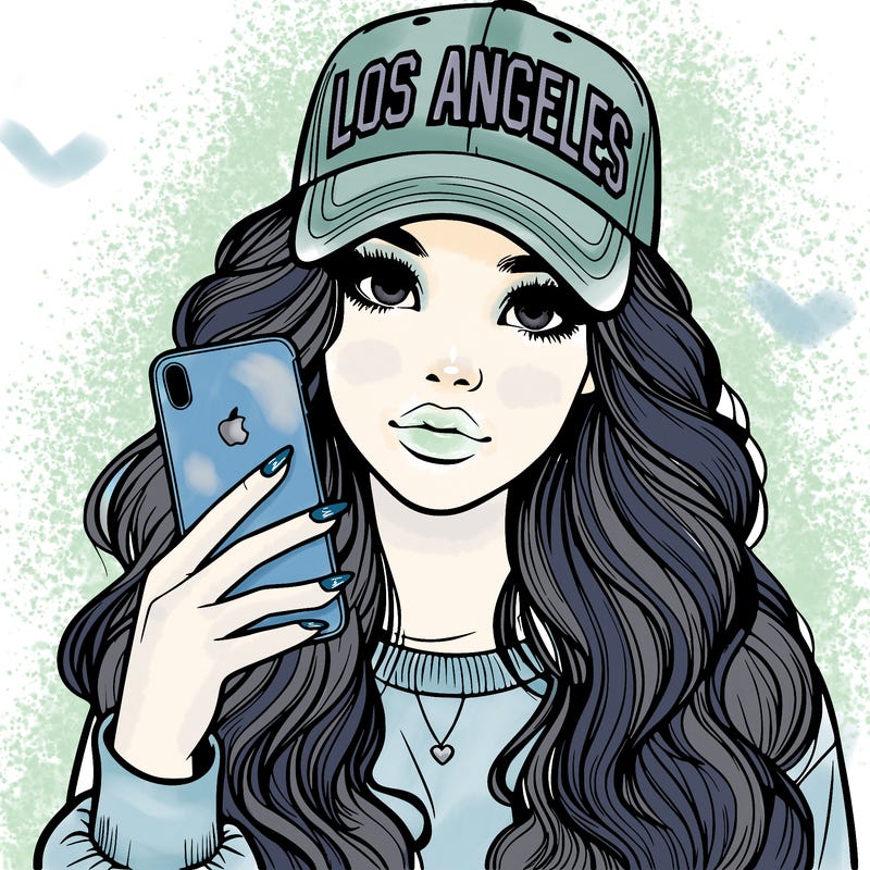 realistic beautiful girl wearing los ángeles cap holding an iphone