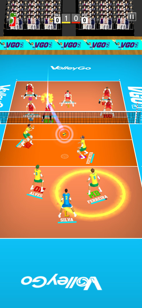 VGO2 - Top-down gameplay screenshot of VGO2 volleyball simulation featuring a match between Brazil and Poland