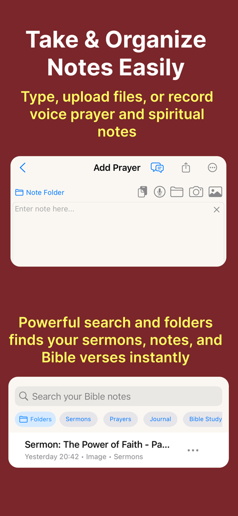 Bible Note Taker, Record, Chat - Mobile app interface showing features for taking spiritual notes and searching sermon records