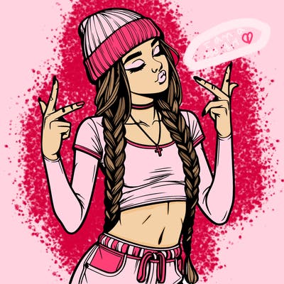 realistic teenage girl with braids and a beanie and crop top doing 🫶🏼