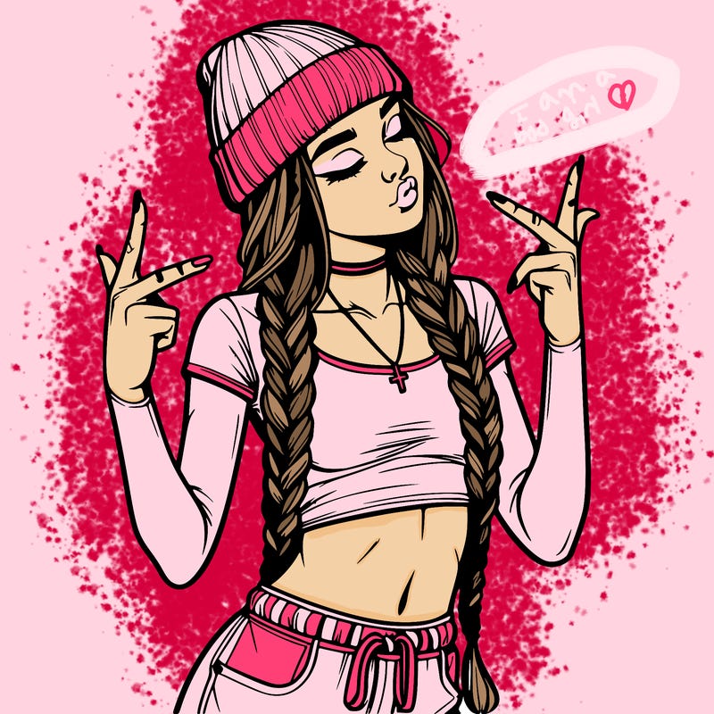 realistic teenage girl with braids and a beanie and crop top doing 🫶🏼