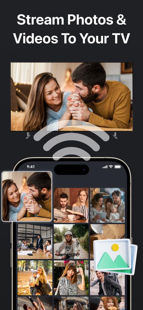 Schermo di uno smartphone che rispecchia una galleria di foto su una grande smart TV utilizzando l'app Smart View.