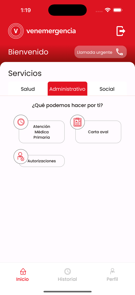 Venemergencia - Venemergencia app interface showing administrative services like primary medical care and authorizations in Spanish.