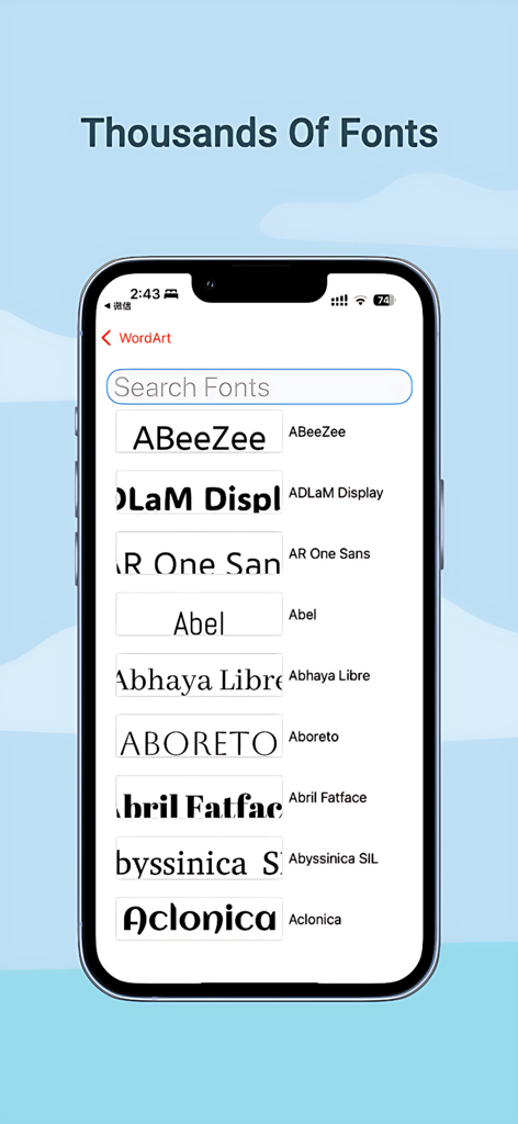 WordArt 앱에서 다양한 타이포그래피 폰트의 검색 가능한 목록을 보여주는 모바일 화면