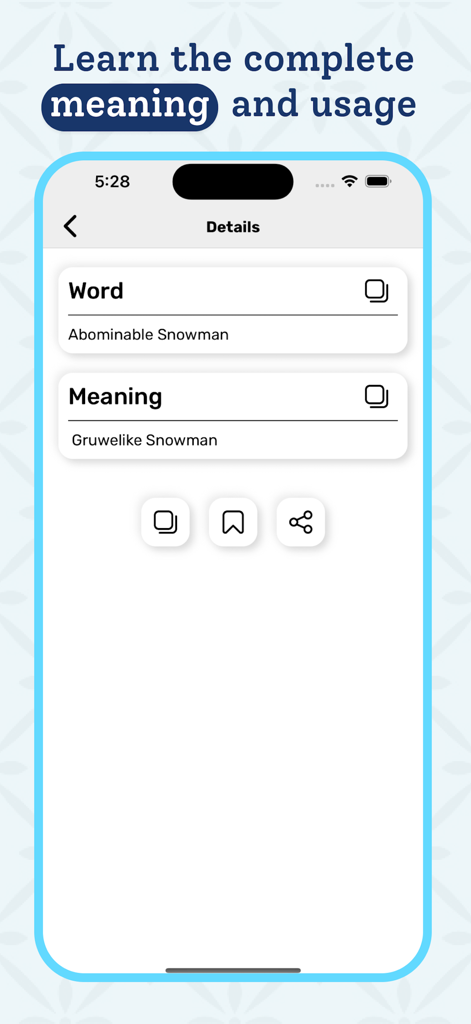 Afrikaans Dictionary - Offline - Uma captura de tela do aplicativo Dicionário Suaíli mostrando a tradução e o significado do termo Abominable Snowman