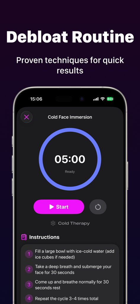 Debloat Your Face - Mobile app screen showing a five minute timer and step-by-step instructions for a cold face immersion debloat routine.