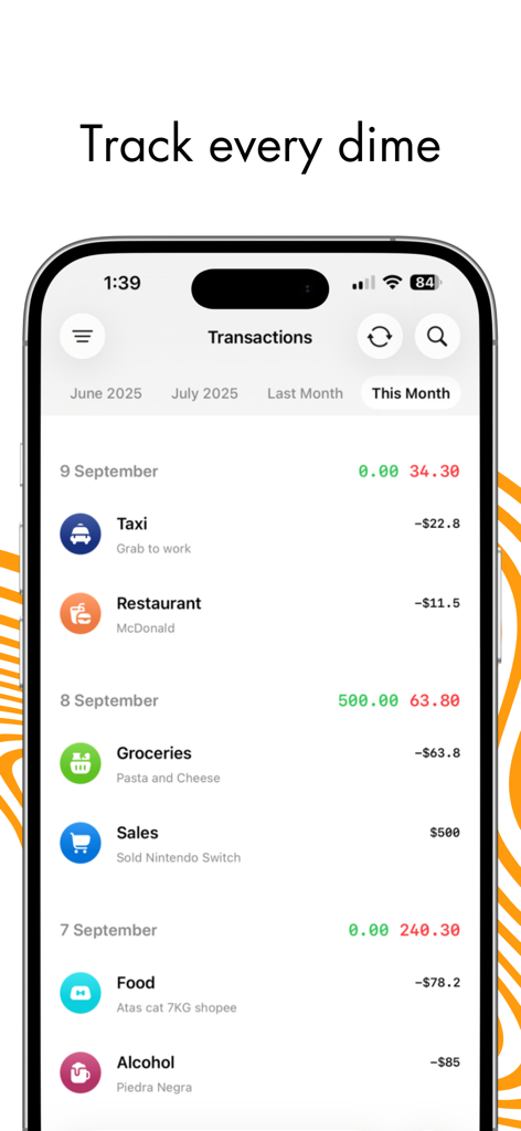 Dimewise: Track & Budget - Dimewise app transactions screen displaying a minimalist list of daily expenses and income categorized by date.