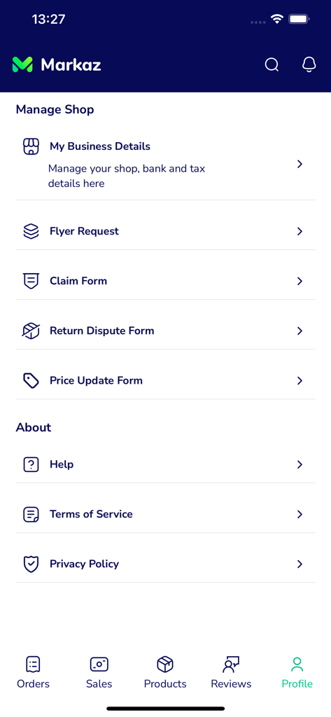 Tela de perfil do aplicativo Markaz Fornecedor mostrando opções de gerenciamento de loja e detalhes do negócio