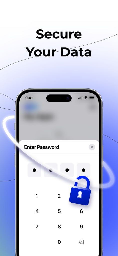 Parallel Space & Dual Account - A smartphone screen showing a numeric keypad for password entry with a blue padlock icon and the text Secure Your Data.