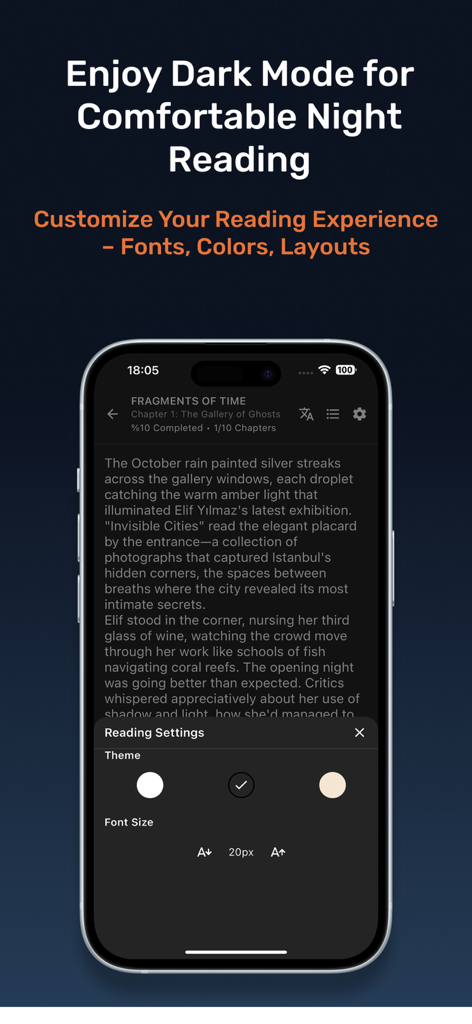 ReadBLOOM: Book Reader - ReadBLOOM book reader interface featuring dark mode and customizable reading settings on an iPhone.
