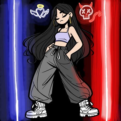 girl in baggy pants crop top and long hair