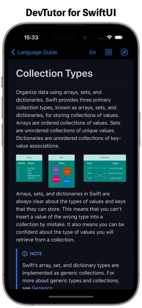 DevTutor: Learn Swift, SwiftUl - Screenshot of the DevTutor app showing Swift programming language documentation for collection types with diagrams