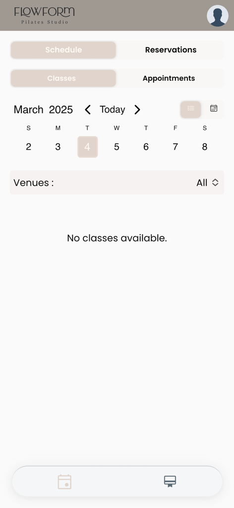 Interface of the Flow Form pilates studio app showing the class schedule and booking calendar screen
