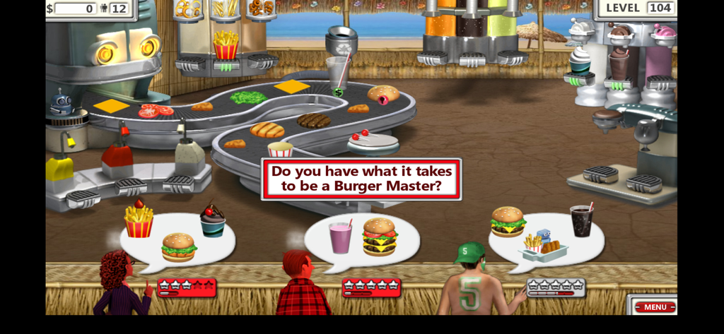A gameplay screenshot of Burger Shop 2 Deluxe featuring a beach-themed restaurant with customers ordering food and a conveyor belt kitchen.