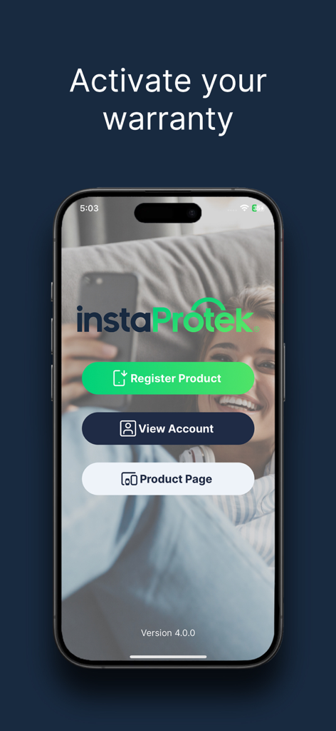 instaProtek mobile app home screen showing options to register a product, view account, and access the product page.