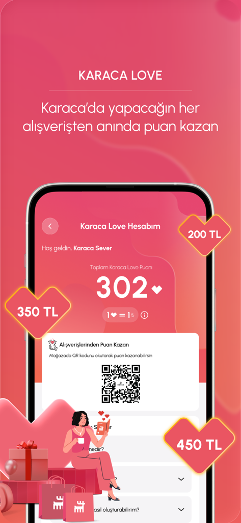 Karaca: Ev & Yaşam Alışverişi - Pantalla del programa de fidelidad Karaca Love que muestra puntos de recompensa ganados y un código QR