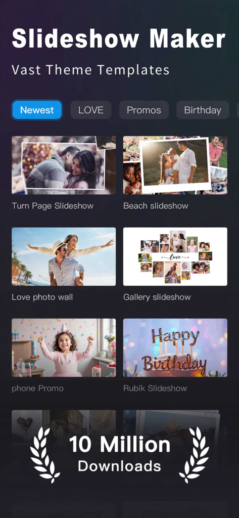 Slideshow Creator -MovieStudio - Interface of the Slideshow Creator MovieStudio app displaying various video templates and theme categories.