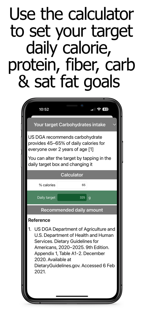 Macro Counter and Tracker - Interfaz de la aplicación Macro Counter and Tracker que muestra la calculadora utilizada para establecer objetivos diarios de calorías y nutrientes basados en pautas dietéticas médicas.